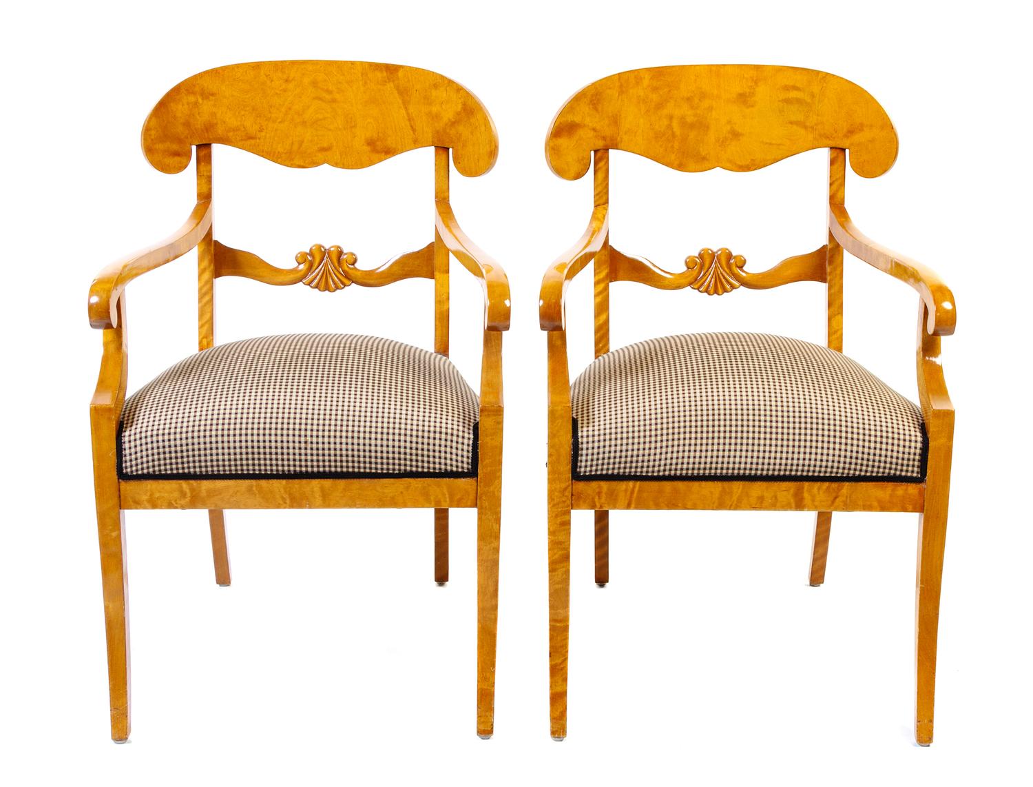 A Pair of Biedermeier Style Burlwood Armchairs Height 35 3/4 inches. — 20TH CENTURY
