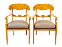 A Pair of Biedermeier Style Burlwood Armchairs Height 35 3/4 inches. — 20TH CENTURY