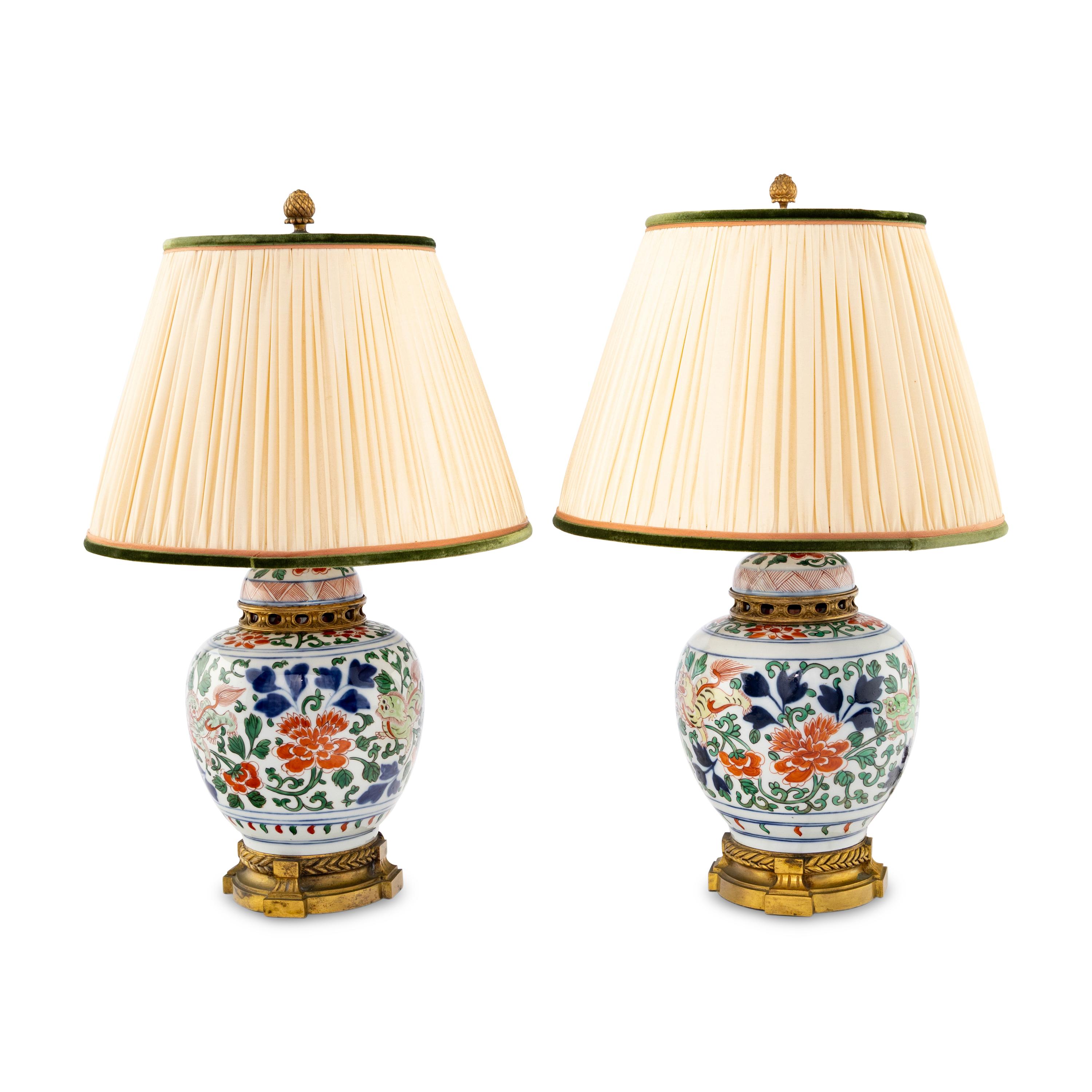 A Pair of Chinese Export Gilt Bronze Mounted Porcelain Ginger Jars
