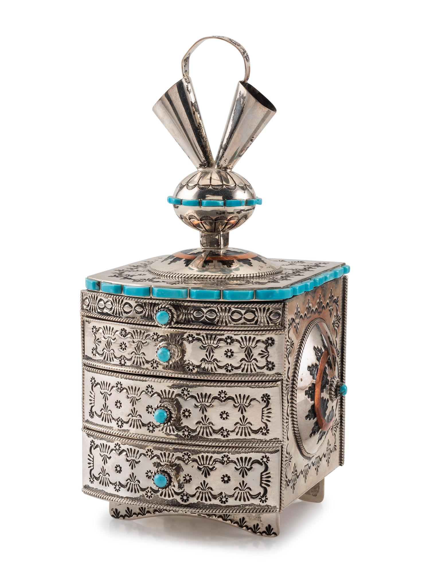 Heavily Stamped Sterling Silver Jewelry Box, Set with Turquoise