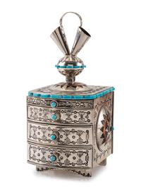 Heavily Stamped Sterling Silver Jewelry Box, Set with Turquoise