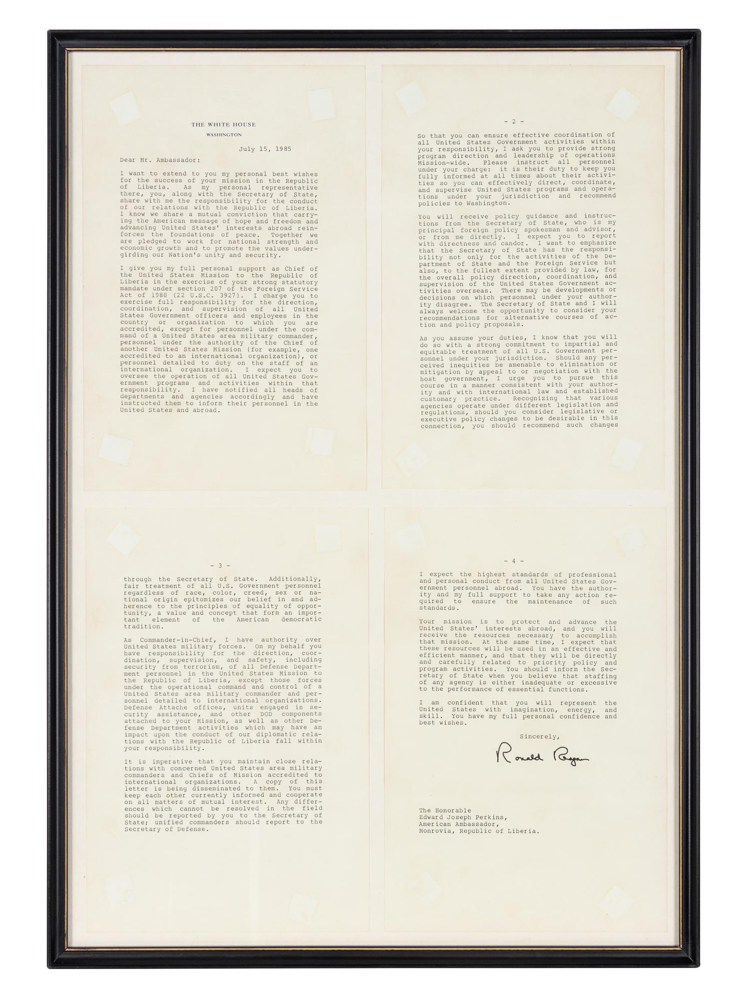 REAGAN, Ronald Wilson (1911-2004). Typed letter signed (“Ronald Reagan”), to Edward Joseph PERKINS (1928-2020), U.S. Ambassador to Liberia from 28 August 1985 to 22 October 1986. The White House, Washington, D.C., 15 July 1985.