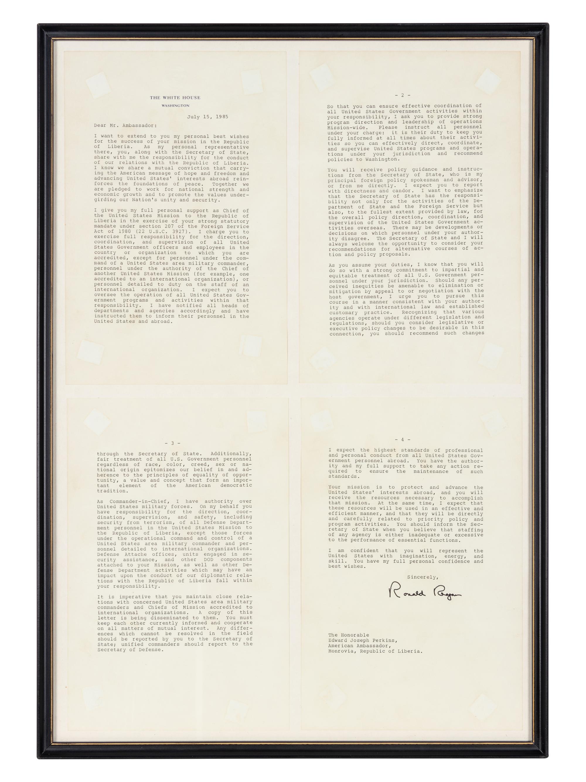 REAGAN, Ronald Wilson (1911-2004). Typed letter signed (“Ronald Reagan”), to Edward Joseph PERKINS (1928-2020), U.S. Ambassador to Liberia from 28 August 1985 to 22 October 1986. The White House, Washington, D.C., 15 July 1985.