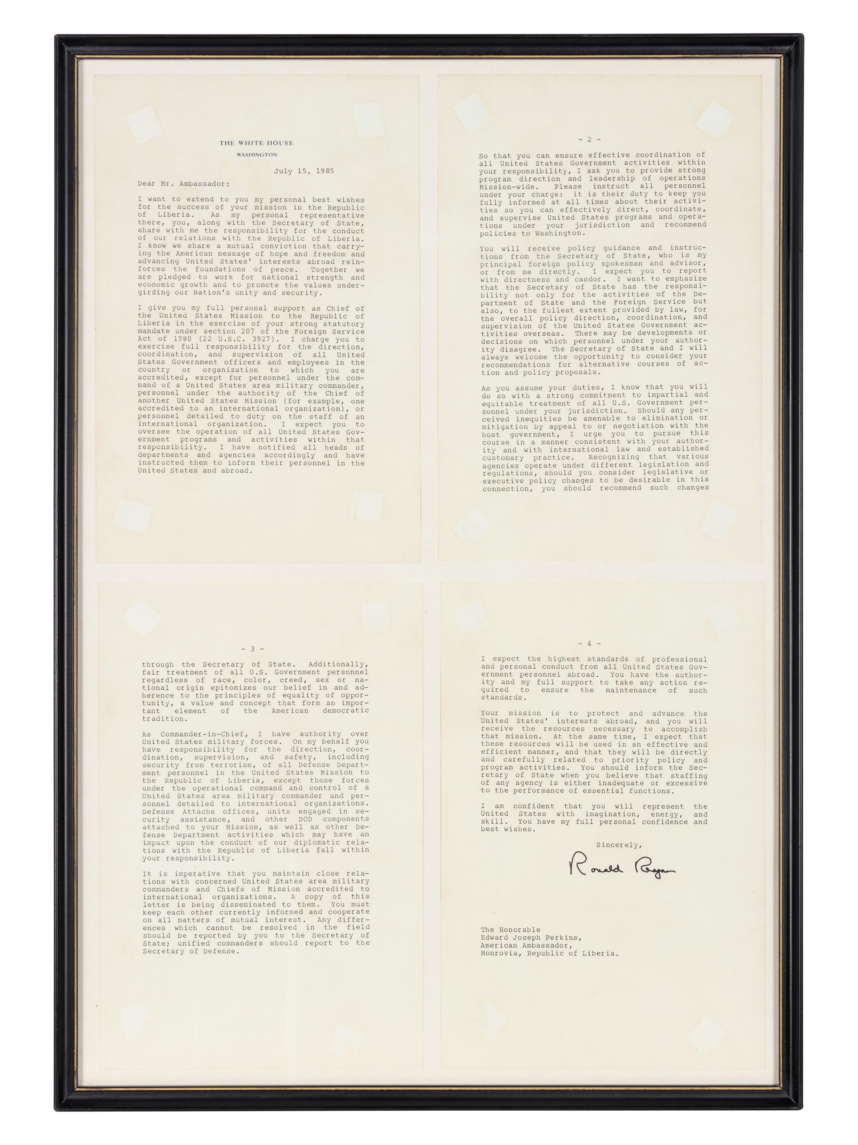 REAGAN, Ronald Wilson (1911-2004). Typed letter signed (“Ronald Reagan”), to Edward Joseph PERKINS (1928-2020), U.S. Ambassador to Liberia from 28 August 1985 to 22 October 1986. The White House, Washington, D.C., 15 July 1985.