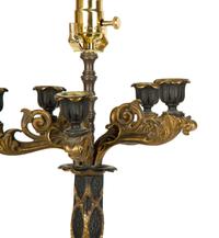 A Pair of Continental Gilt and Patinated Bronze Candelabra Mounted as Lamps — 20TH CENTURY