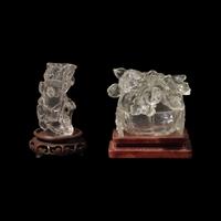 A Small Chinese Rock Crystal 'Bamboo and Peaches' Vase, and a Carved Glass 'Melon' Box and Cover, 19th-20th Century 晚清-民國 水晶竹節小花插及瓜形蓋盒