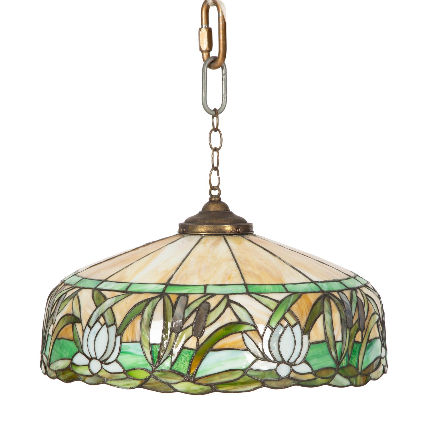 An American Leaded Glass Water Lily Hanging Light Fixture