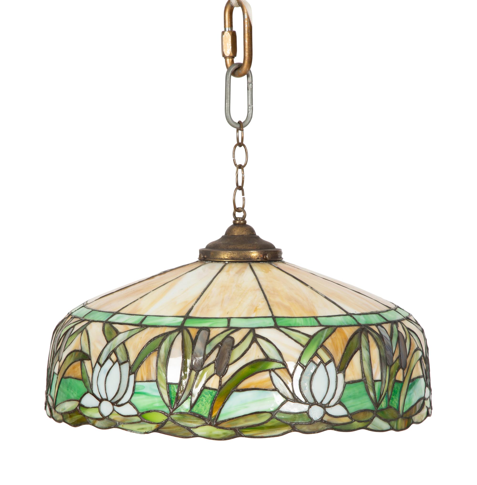 An American Leaded Glass Water Lily Hanging Light Fixture