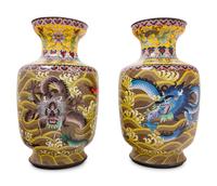 Seven Large Chinese Yellow Ground Cloisonné Enameled Vases