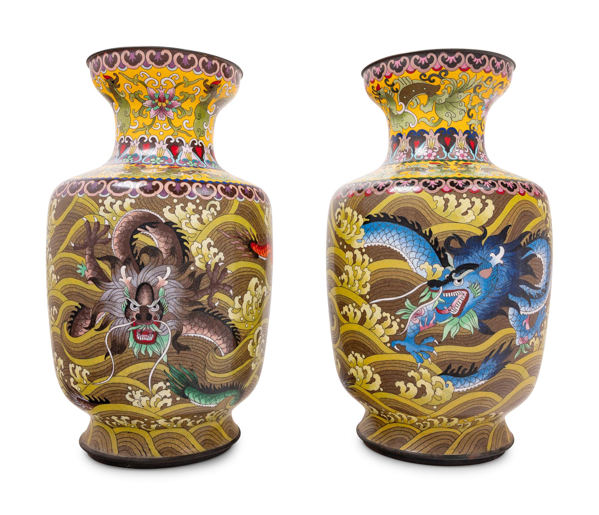 Seven Large Chinese Yellow Ground Cloisonné Enameled Vases