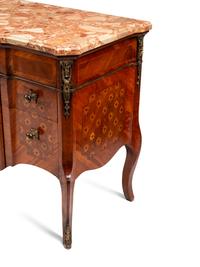 A Pair of Late Louis XV Style Gilt Bronze Mounted Marquetry Marble-Top Commodes