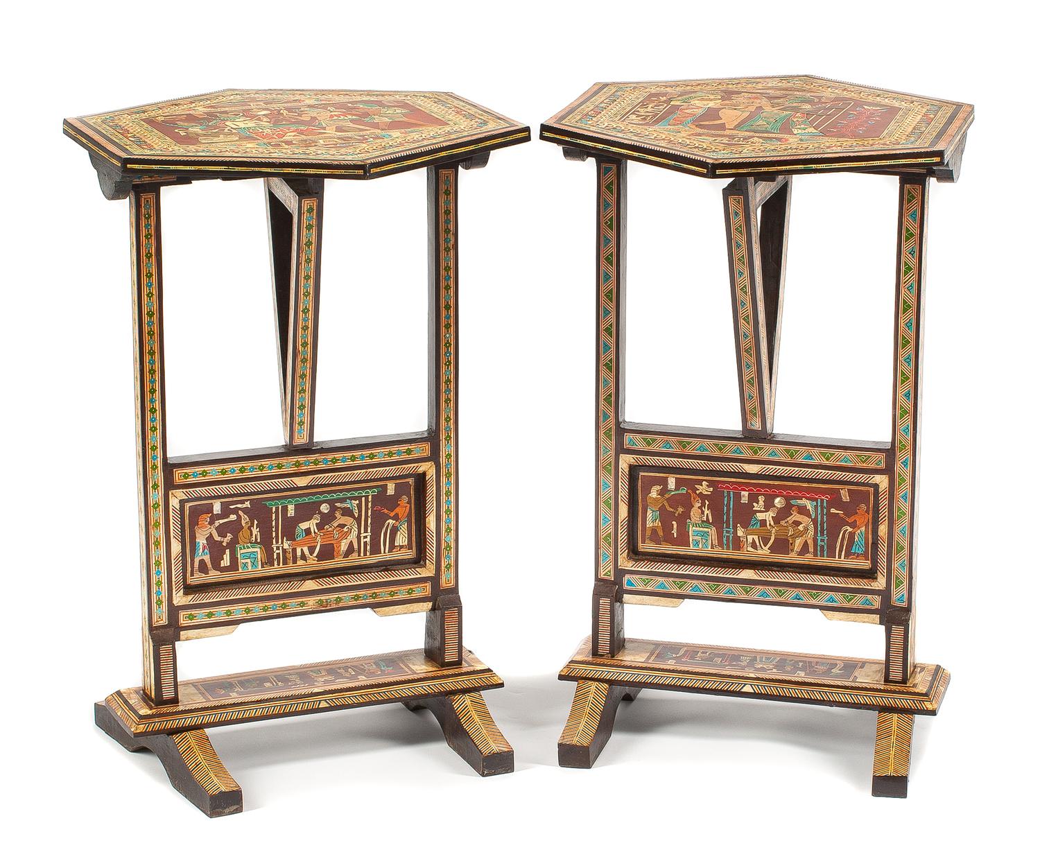 A Pair of Egyptianesque Marquetry Flip-Top Tables Height 26 x width 16 inches.