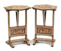 A Pair of Egyptianesque Marquetry Flip-Top Tables Height 26 x width 16 inches.