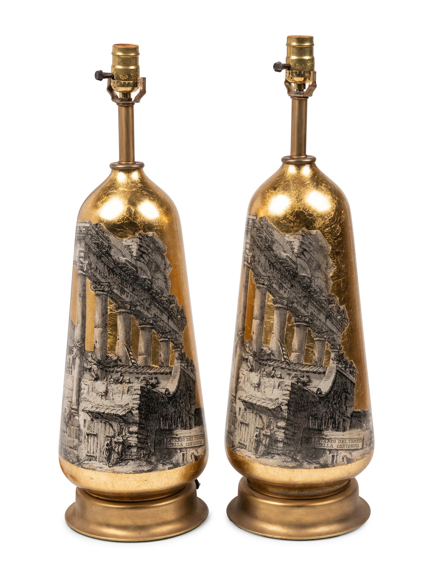 A Pair of Decoupaged Glass Table Lamps in the Style of Fornasetti