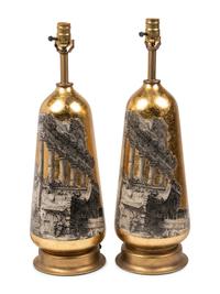 A Pair of Decoupaged Glass Table Lamps in the Style of Fornasetti