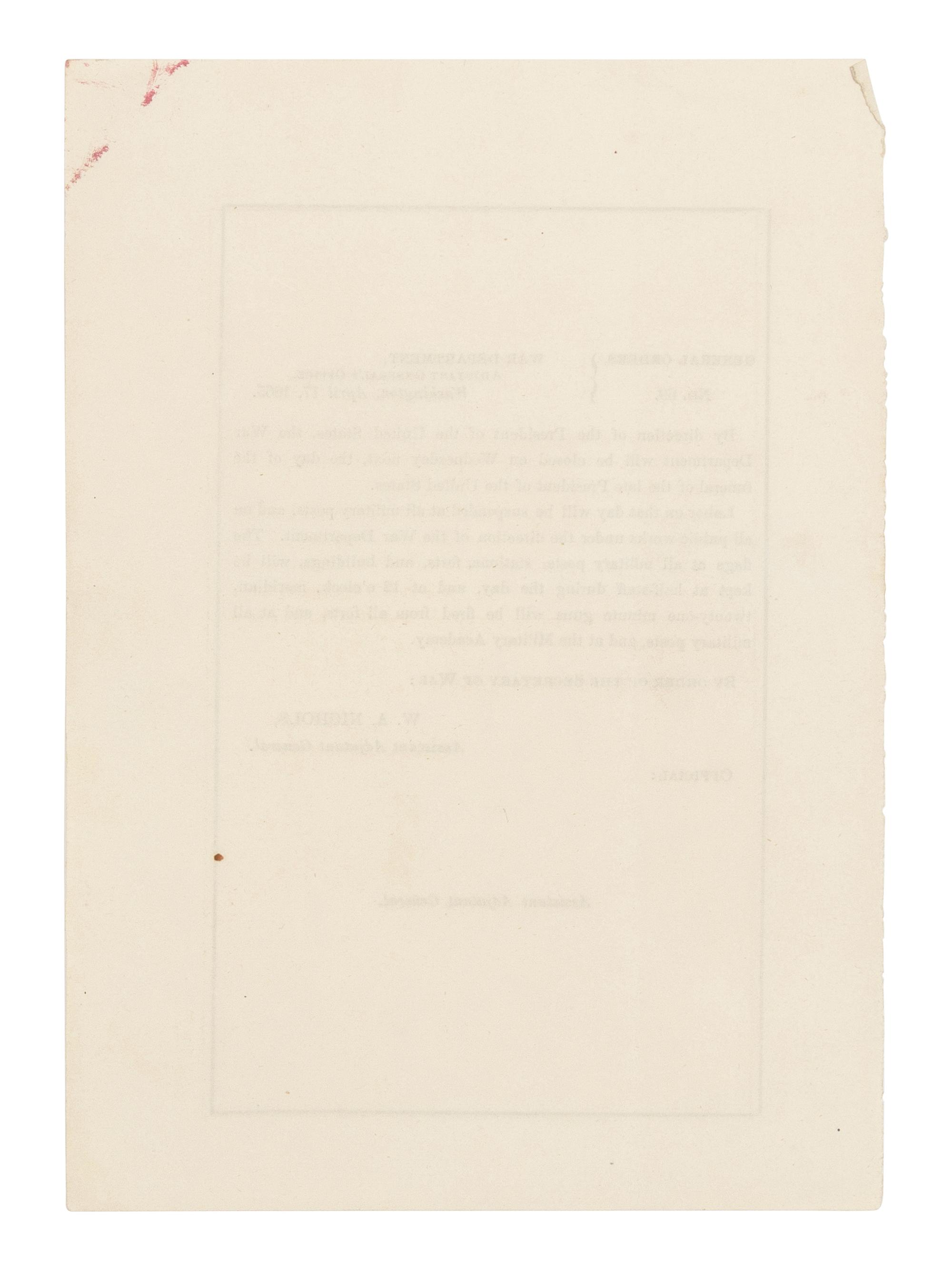 [LINCOLN'S FUNERAL]. NICHOLS, William A. U.S. War Dept. General Orders, No. 69. ... [Washington D.C.: Government Printing Office], 17 April 1865.