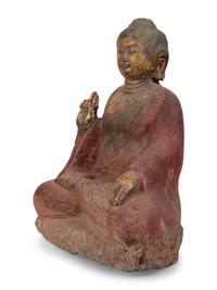 A Chinese Carved Stone Seated Buddha with Polychrome Decoration