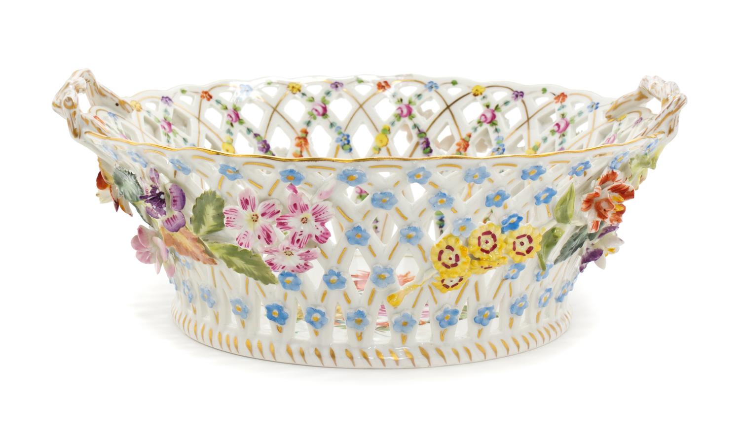 A Dresden Porcelain Reticulated Basket Form Dish, Diameter 9 inches.