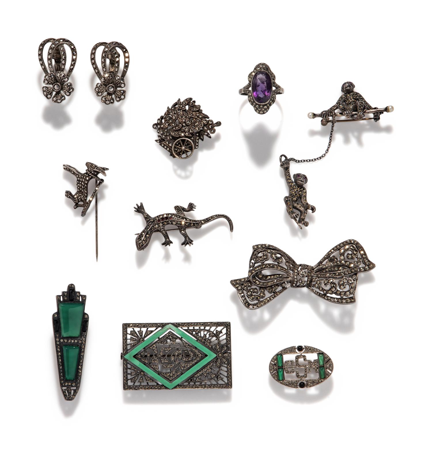 COLLECTION OF ANTIQUE AND ART DECO MARCASITE AND SILVER JEWELRY
