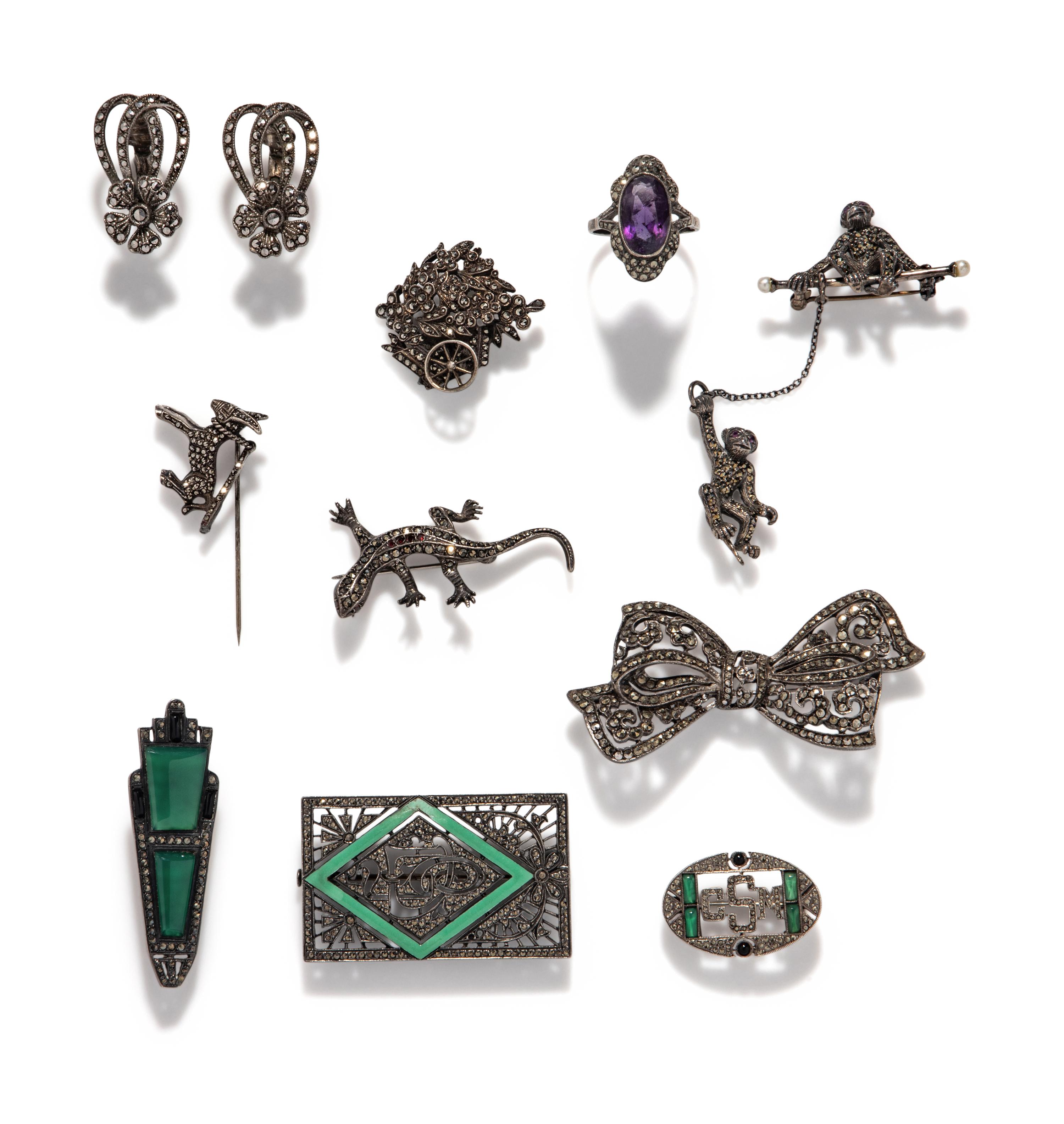 COLLECTION OF ANTIQUE AND ART DECO MARCASITE AND SILVER JEWELRY