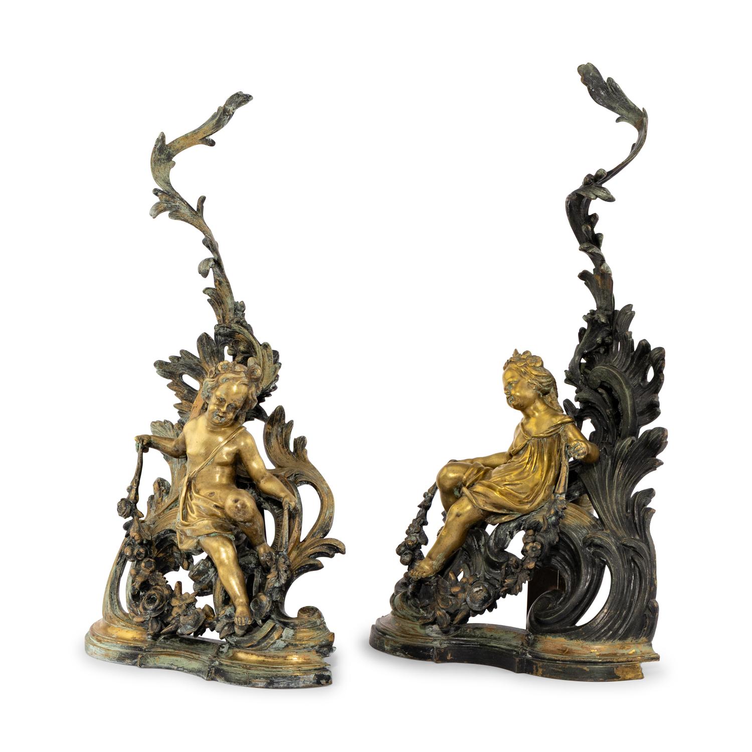 A Pair of Louis XV Style Gilt and Patinated Bronze Chenets