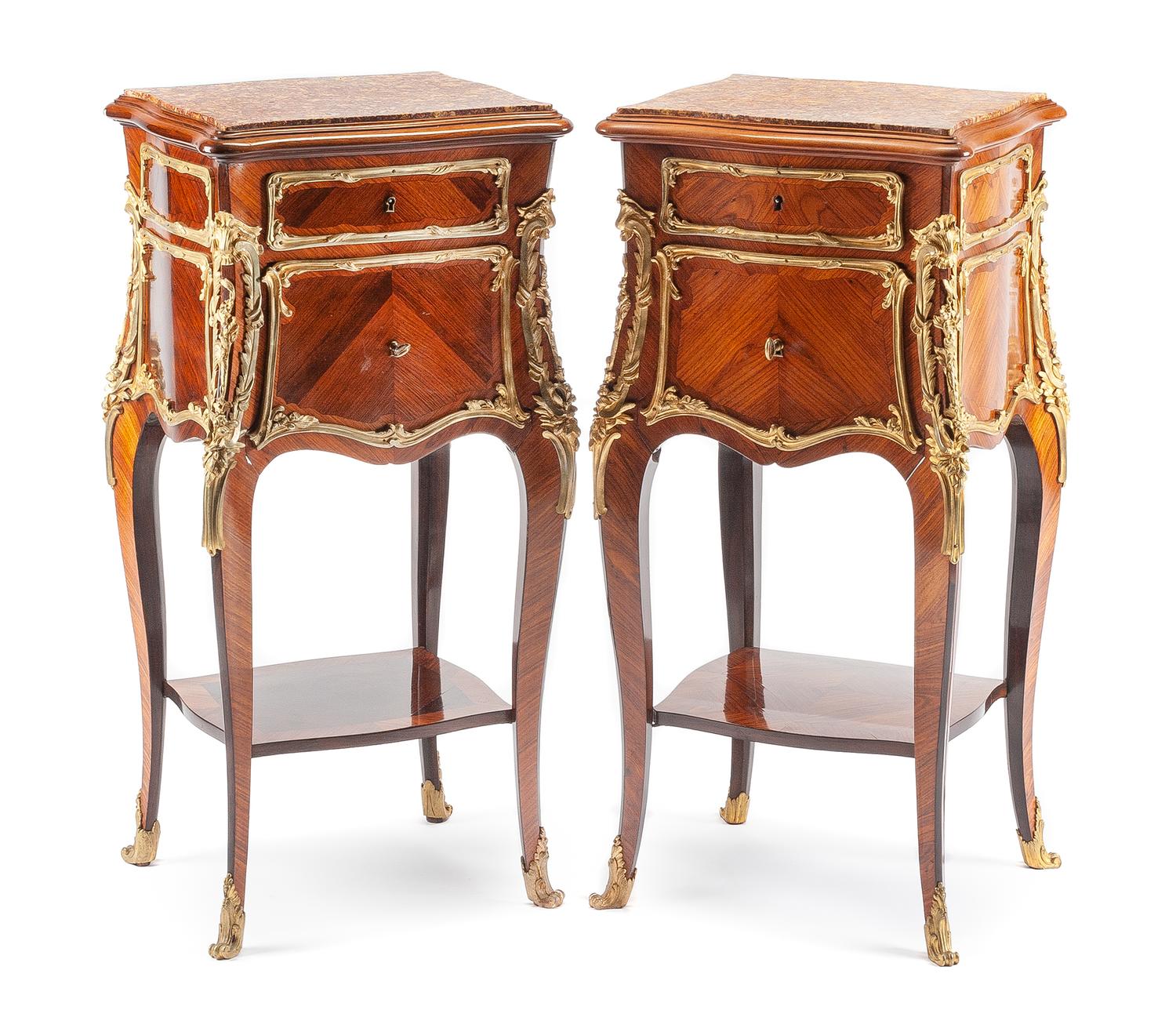 A Pair of 19th Century Louis XV Style Gilt Bronze Mounted Side Tables Height 32 x width 15 1/2 x depth 14 inches. — 19TH CENTURY