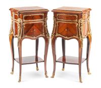 A Pair of 19th Century Louis XV Style Gilt Bronze Mounted Side Tables Height 32 x width 15 1/2 x depth 14 inches. — 19TH CENTURY