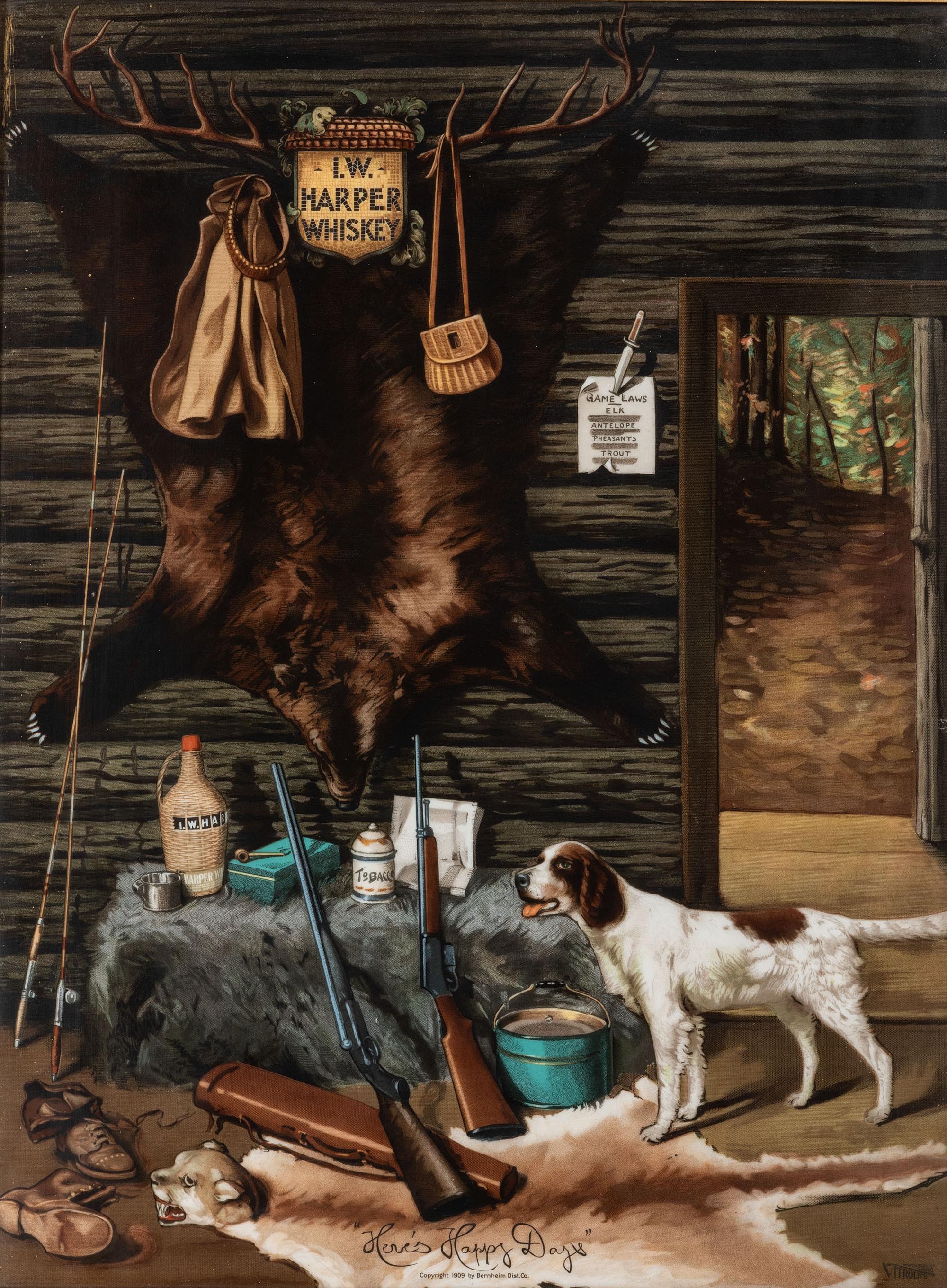 A 'Here's Happy Days' Painted Vitrolite Advertising Panel for I.W. Harper Whiskey