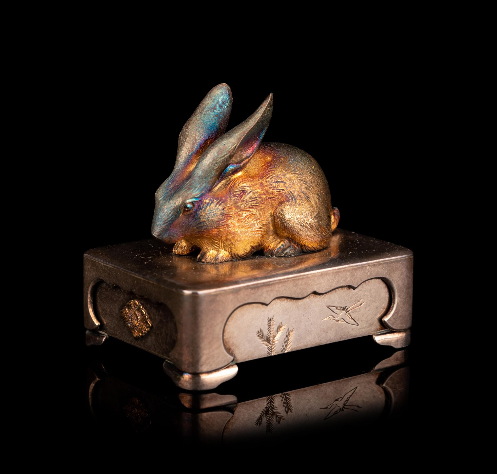 A Fine Japanese Silver Rabbit-Form Bonbonnière