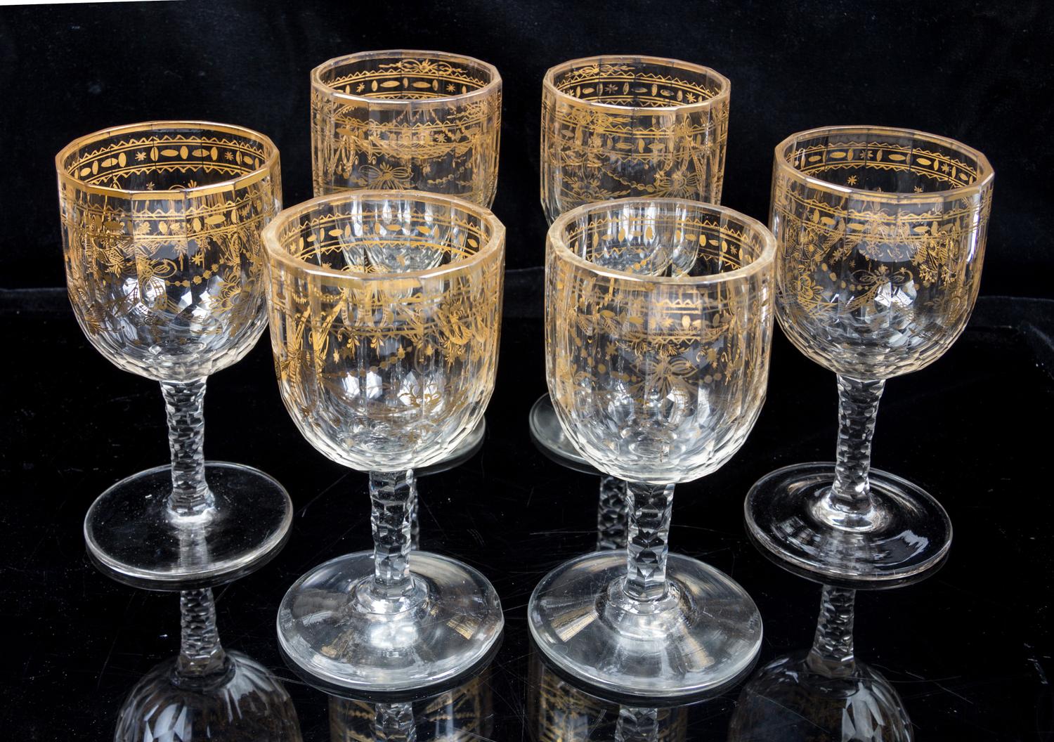A Set of Six Baccarat Crystal Goblets Height of tallest 7 inches.
