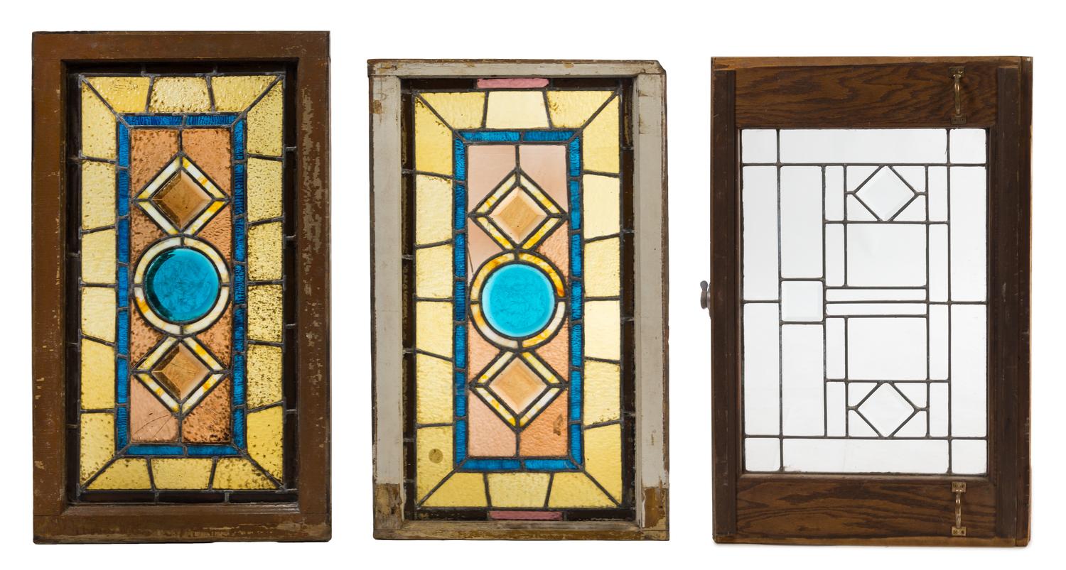 Three Leaded Glass Windows Larger: Height 34 x width 21 3/4 inches.