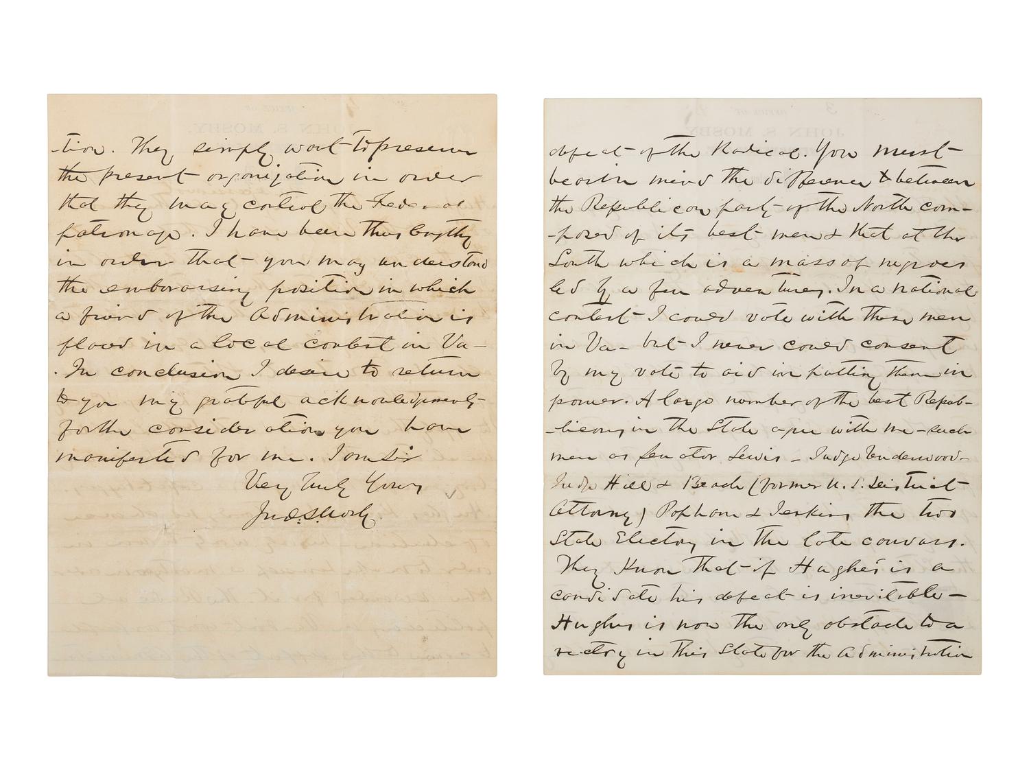 MOSBY, JOHN S. (1833-1916). ALS to J. A. J. Cresswell. Warrenton, VA, 22 June 1873. Mosby explains his political predicament within Virginia's discordant postwar Republican Party.