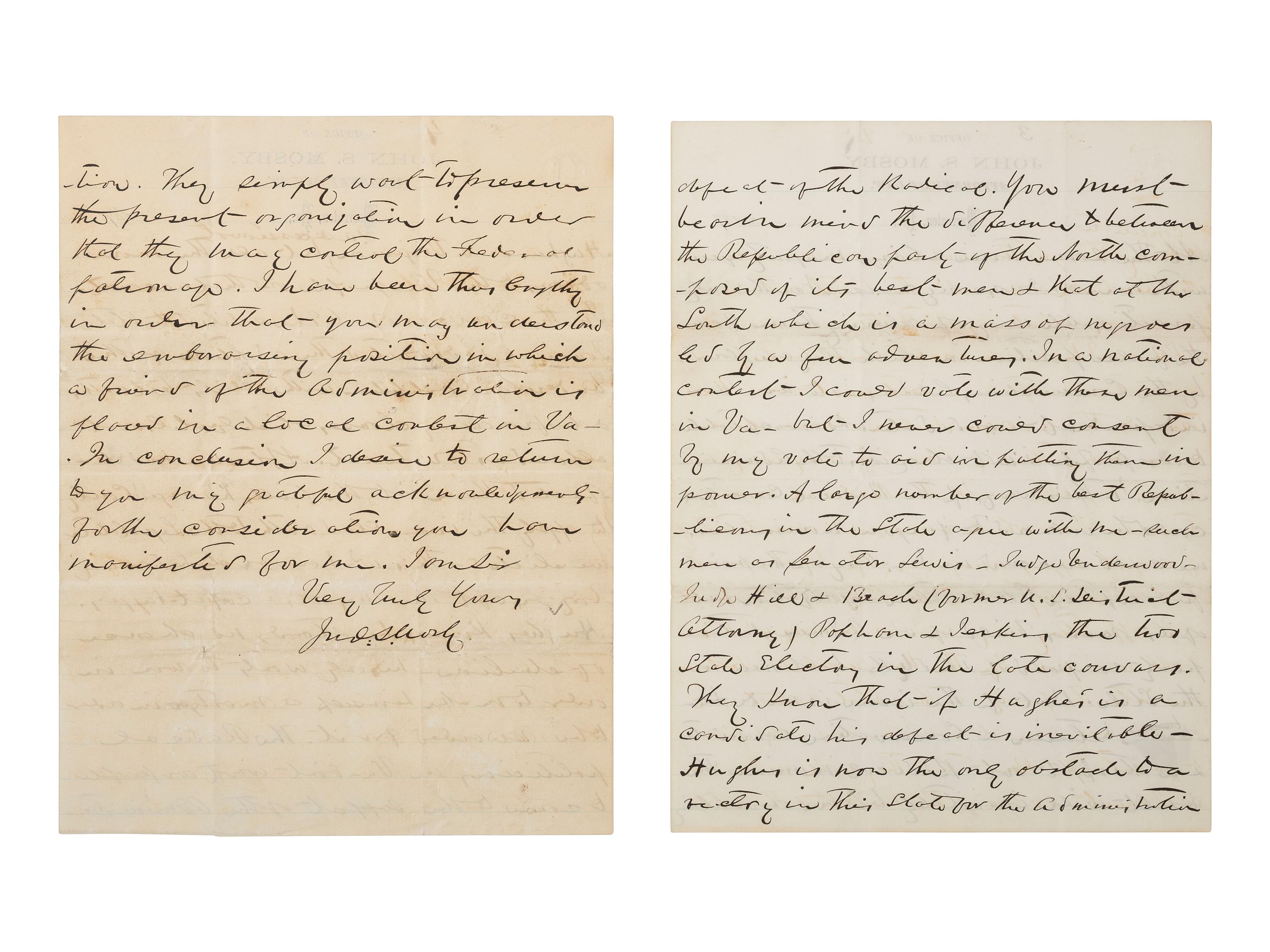 MOSBY, JOHN S. (1833-1916). ALS to J. A. J. Cresswell. Warrenton, VA, 22 June 1873. Mosby explains his political predicament within Virginia's discordant postwar Republican Party.