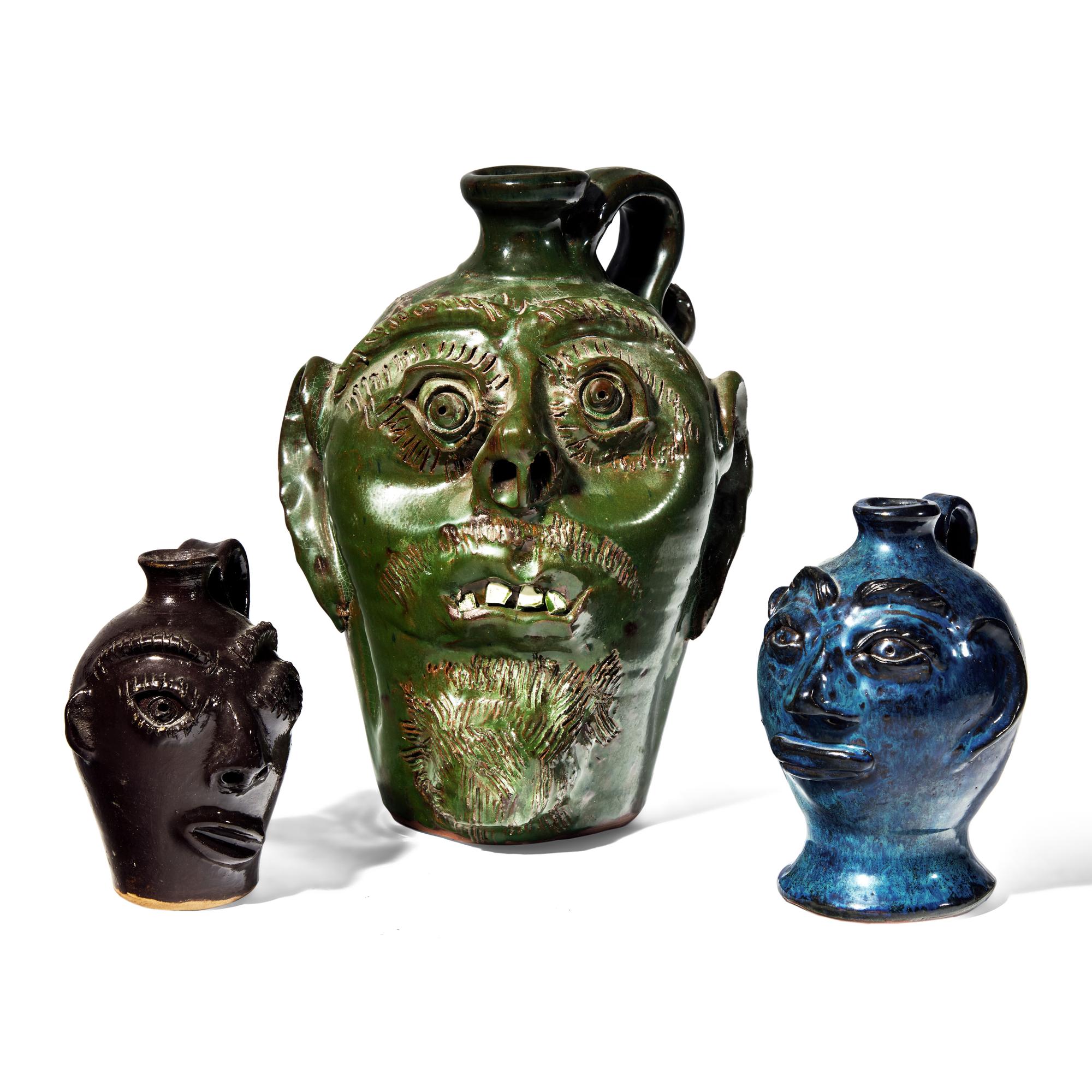 Bobby Ferguson and Stanley Ferguson, Three Glazed Stoneware Face Jugs
