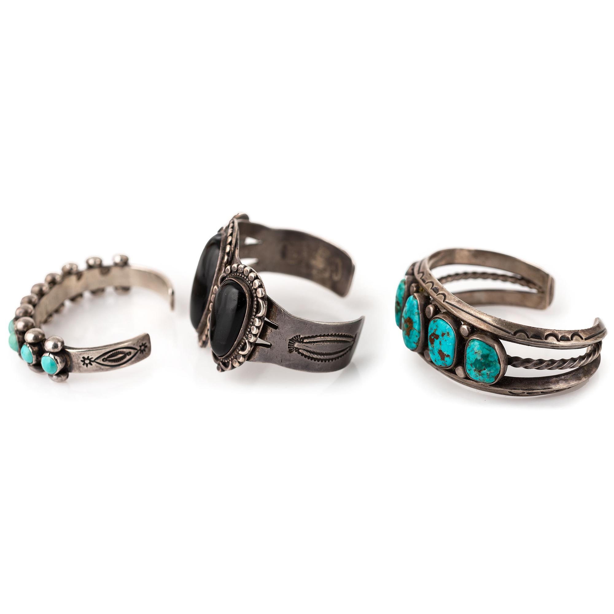 Navajo Silver, Turquoise, and Jet Cuff Bracelets