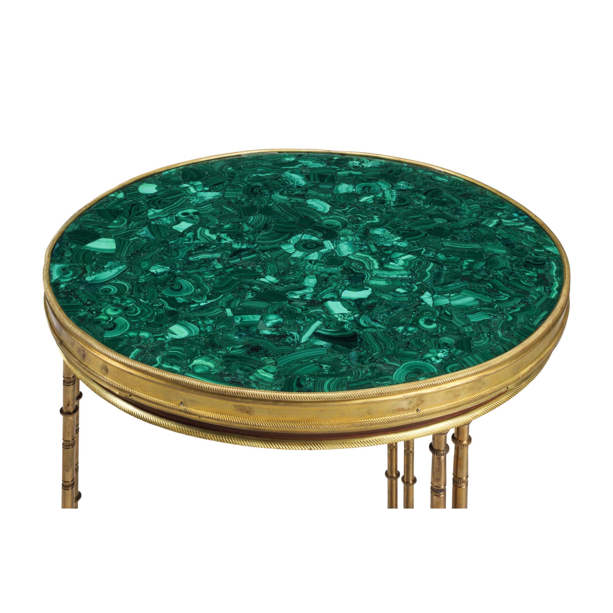 A Pair of Louis XVI Style Gilt Bronze and Malachite Tables