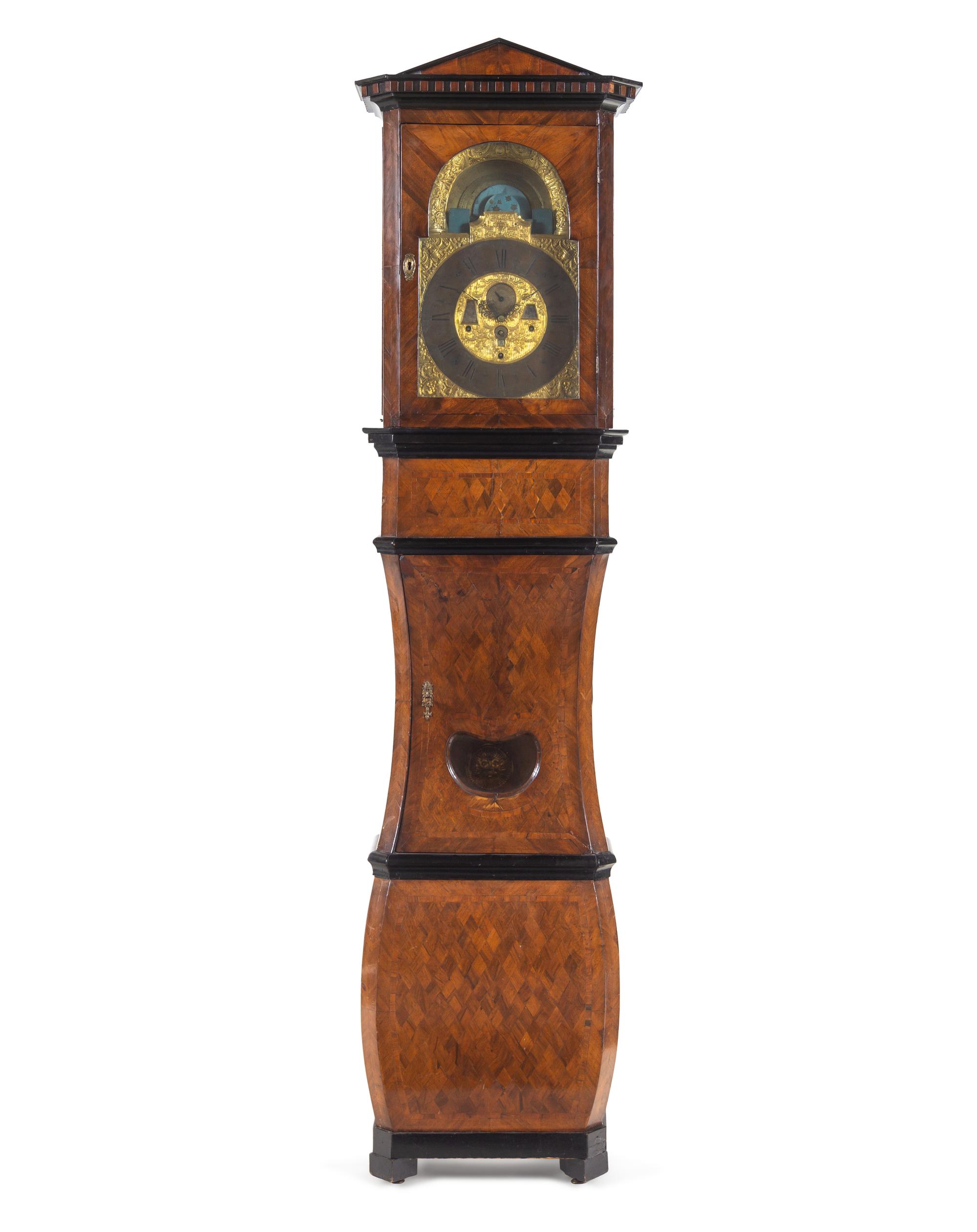 A German Parcel Ebonized Parquetry Case Clock