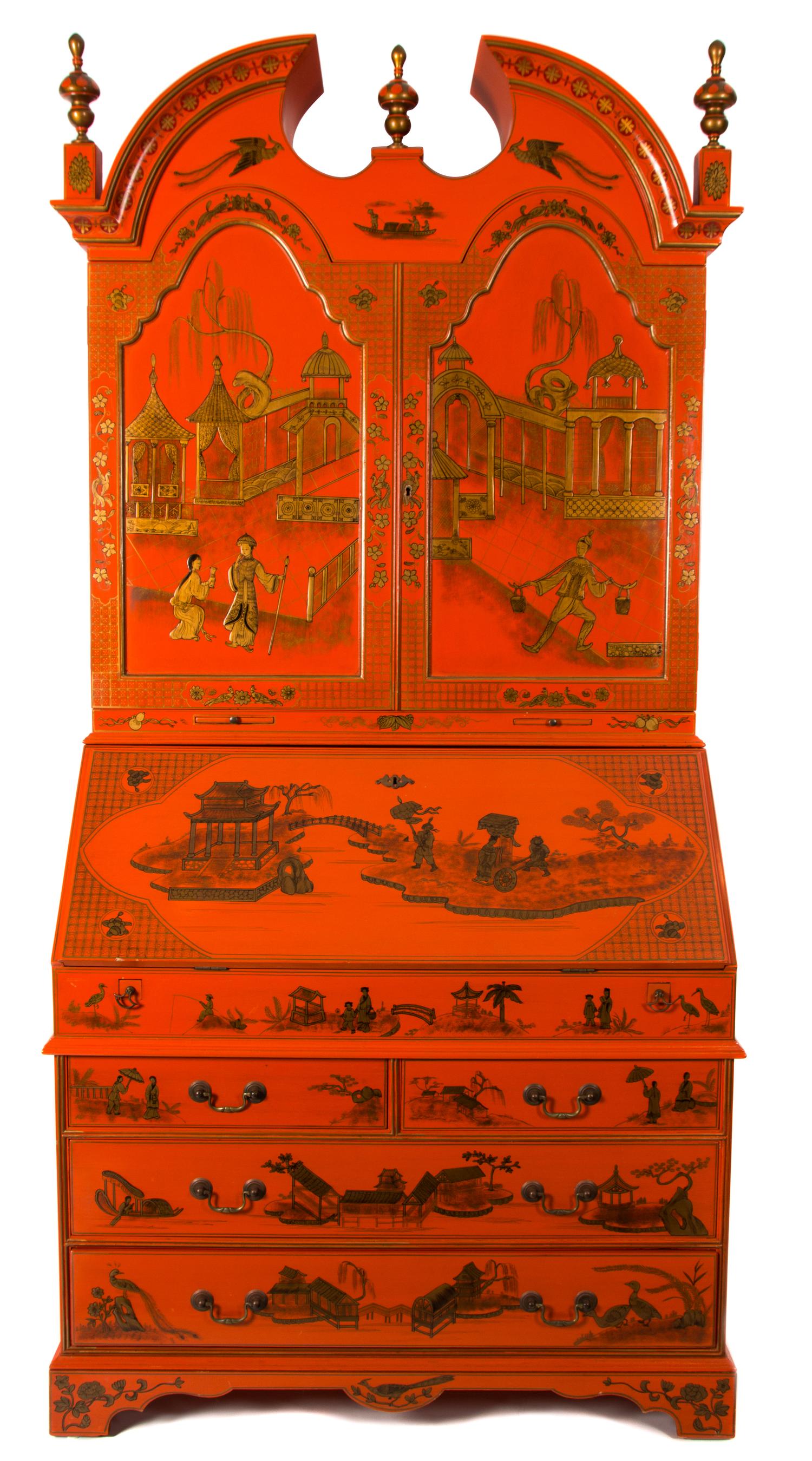 A Chinese Chippendale Style Orange and Gilt Lacquer Secretary Desk Height 85 1/2 x width 42 3/4 x depth 21 1/2 inches. — 20TH CENTURY