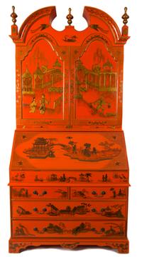 A Chinese Chippendale Style Orange and Gilt Lacquer Secretary Desk Height 85 1/2 x width 42 3/4 x depth 21 1/2 inches. — 20TH CENTURY