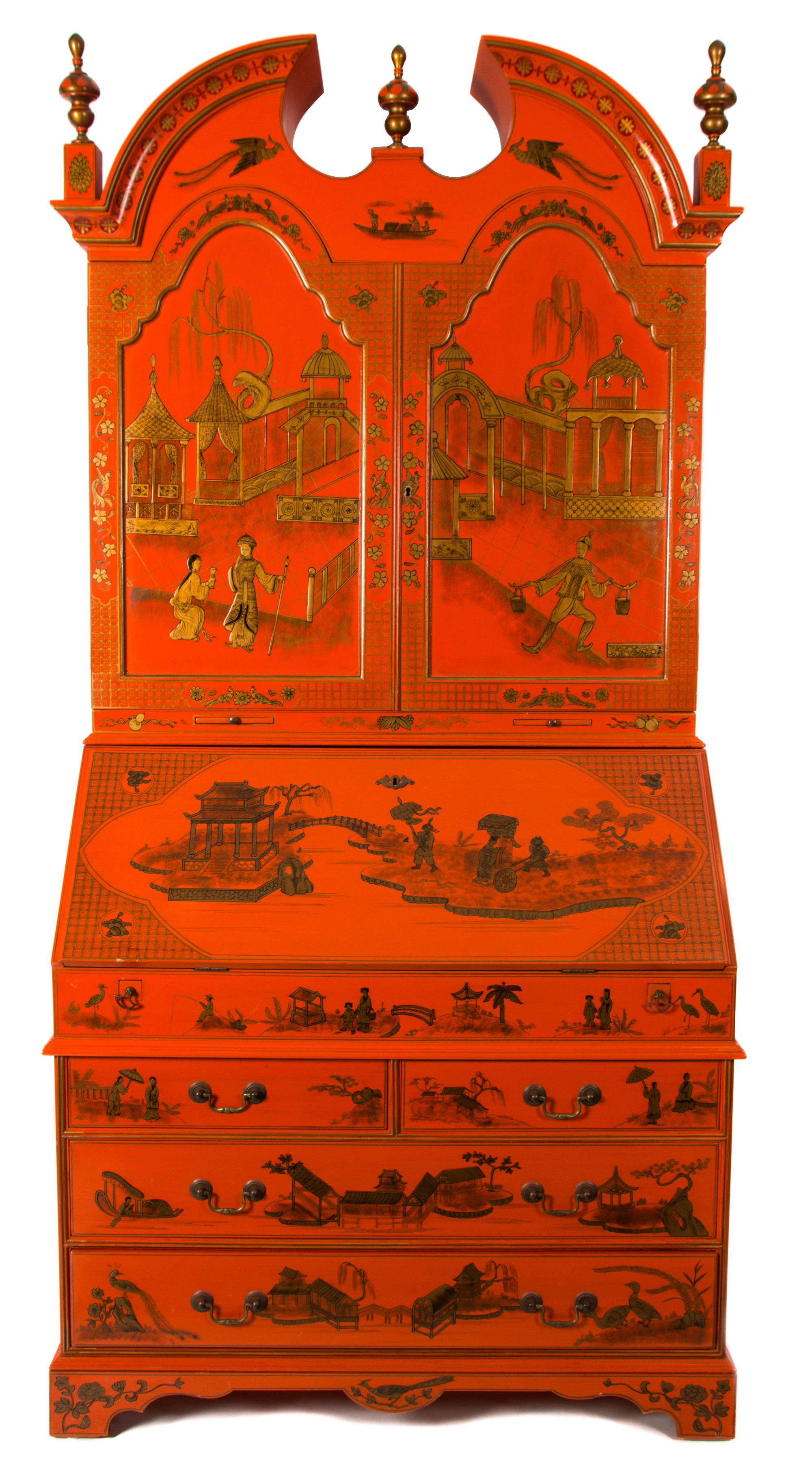 A Chinese Chippendale Style Orange and Gilt Lacquer Secretary Desk Height 85 1/2 x width 42 3/4 x depth 21 1/2 inches. — 20TH CENTURY