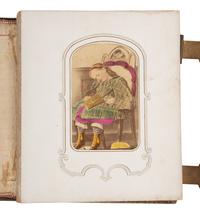 [EARLY PHOTO] CDV album incl. image of Lincoln's elk-horn chair, with photo of Buffalo Bill's boots