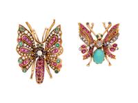 A Group of Two Yellow Gold and Multigem Butterfly Brooches,