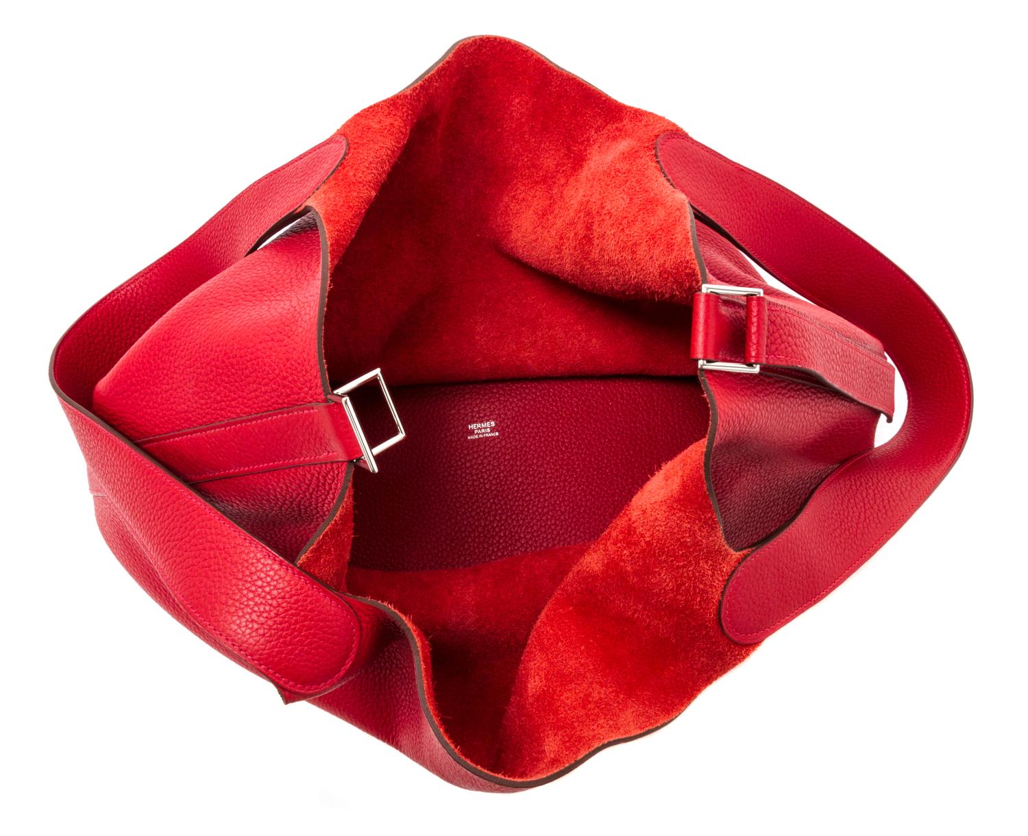 An Hermes Rouge Casaque Taurillon Clemence Picotin Lock TGM Handbag, 13" x 13" x 9".
