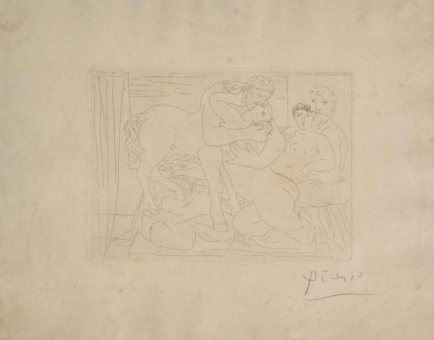 Pablo Picasso (Spanish, 1881-1973) Le Repos du Sculpteur devant un Centaure et une Femme, from La Suite Vollard