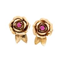 TIFFANY & CO., YELLOW GOLD AND RUBY ROSE EARCLIPS