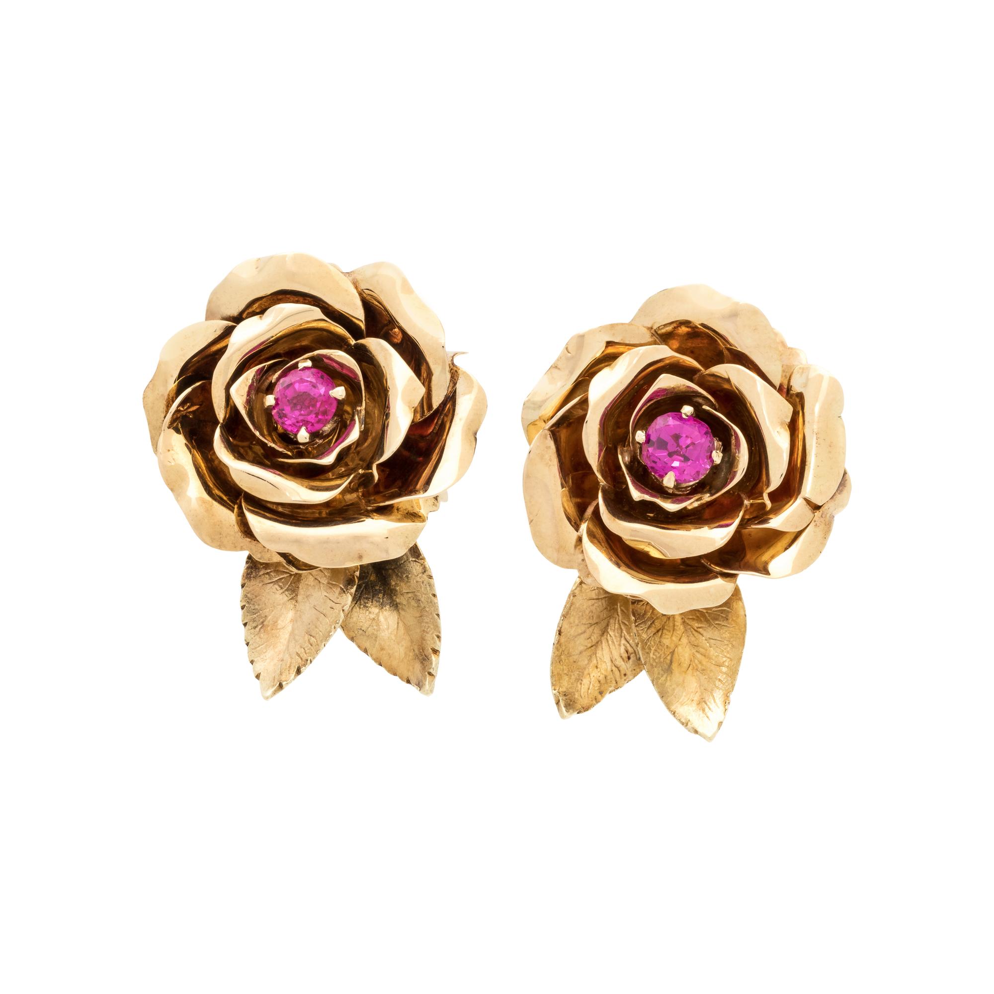 TIFFANY & CO., YELLOW GOLD AND RUBY ROSE EARCLIPS