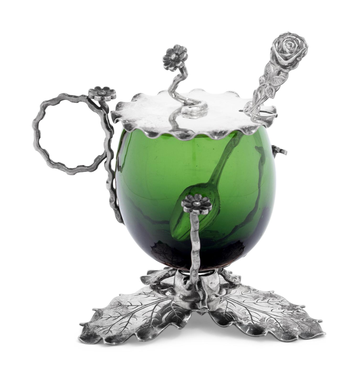 An American Silver-Plate and Emerald Glass Mustard Pot