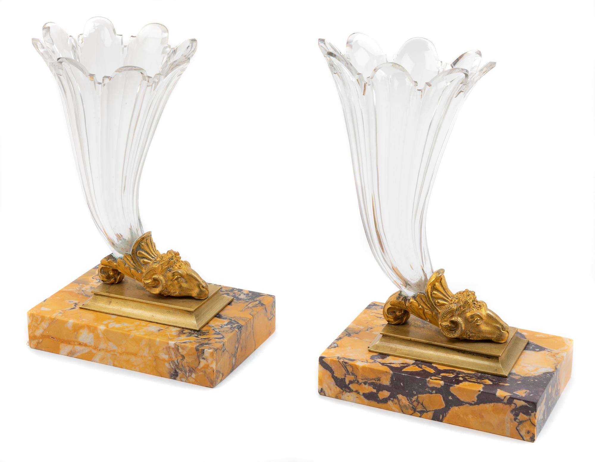A Pair of Gilt Bronze, Glass and Marble Ram's Head Ornaments Height 9 3/8 inches. — LATE 19TH/EARLY 20TH CENTURY