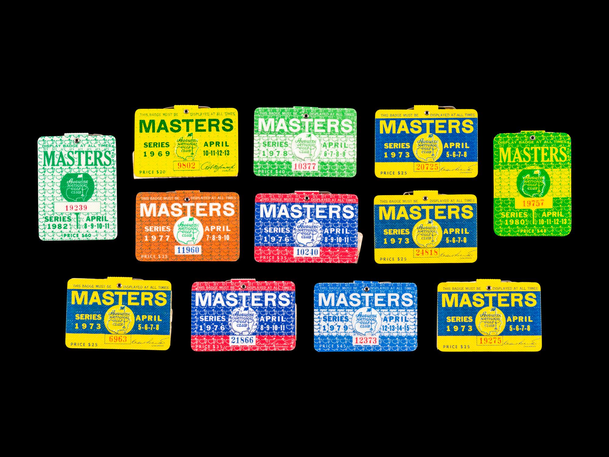 A Group of 29 1960s-2000s Masters Golf Tournament Augusta National Badges Including Tiger Woods' First Appearance