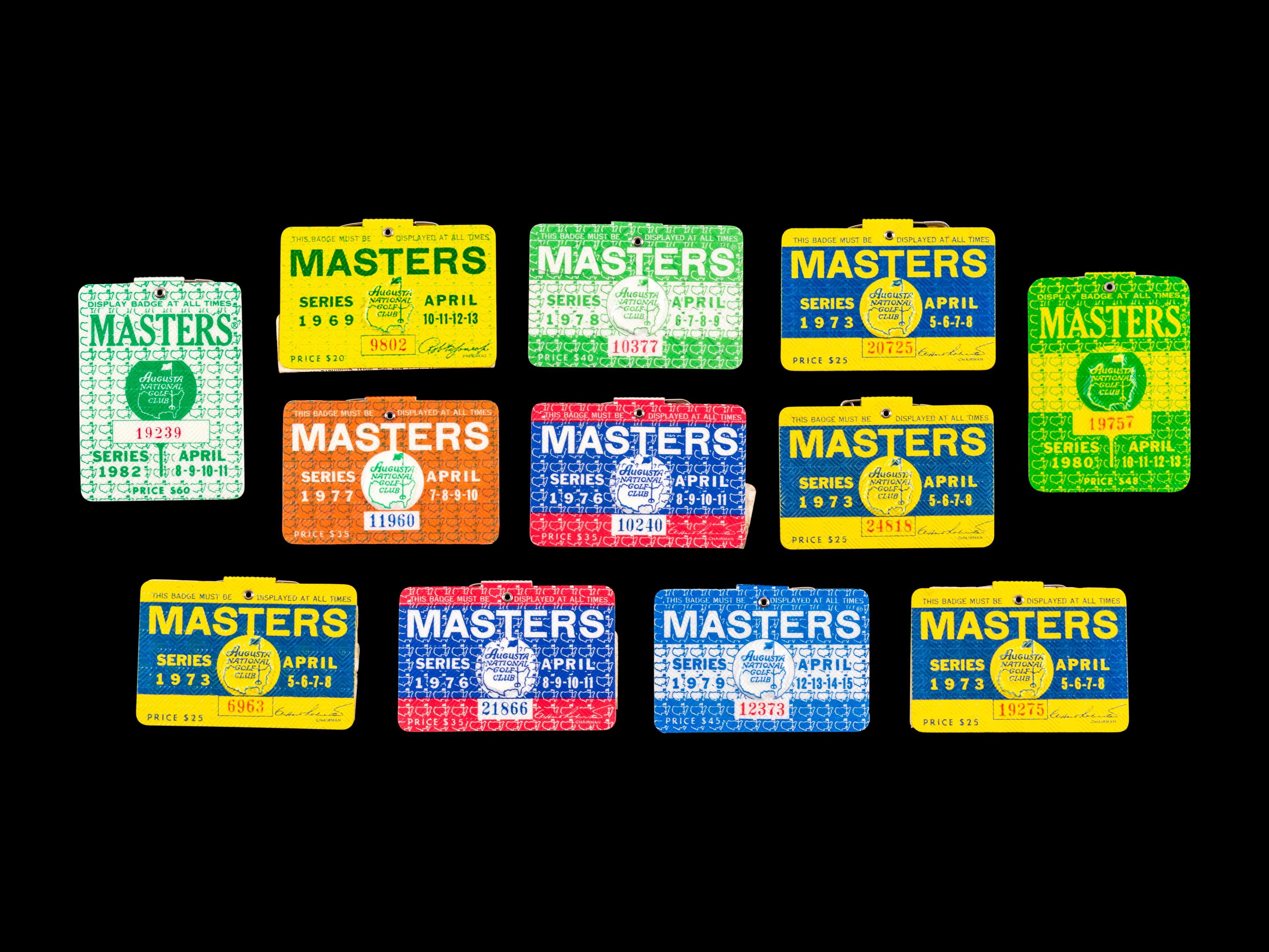 A Group of 29 1960s-2000s Masters Golf Tournament Augusta National Badges Including Tiger Woods' First Appearance